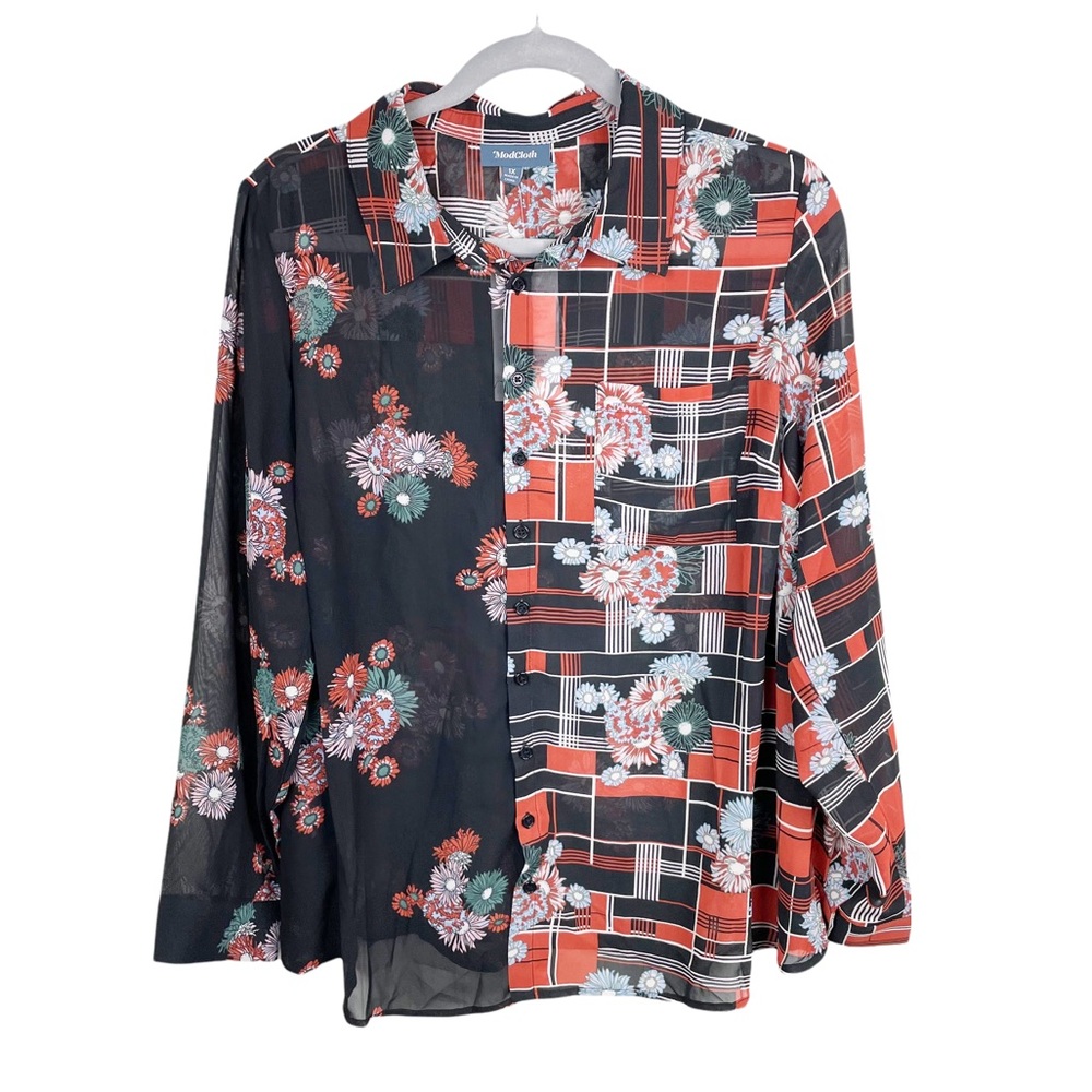 NEW Modcloth Retro Mixed Print Sheer Blouse Size 1X Button Down Floral Plaid